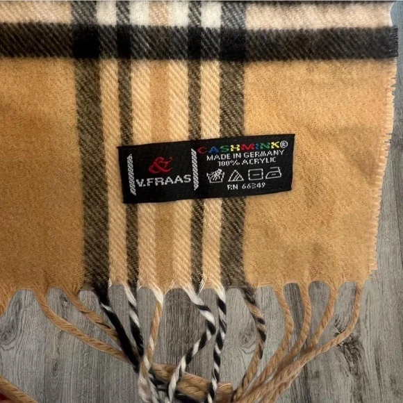 V. Fraas Plaid Scarf Camel Nova Check Fringe - Picture 3 of 3